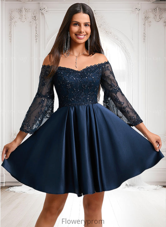 Shiloh A-line Off the Shoulder Short Satin Homecoming Dress With Sequins HDP0025651