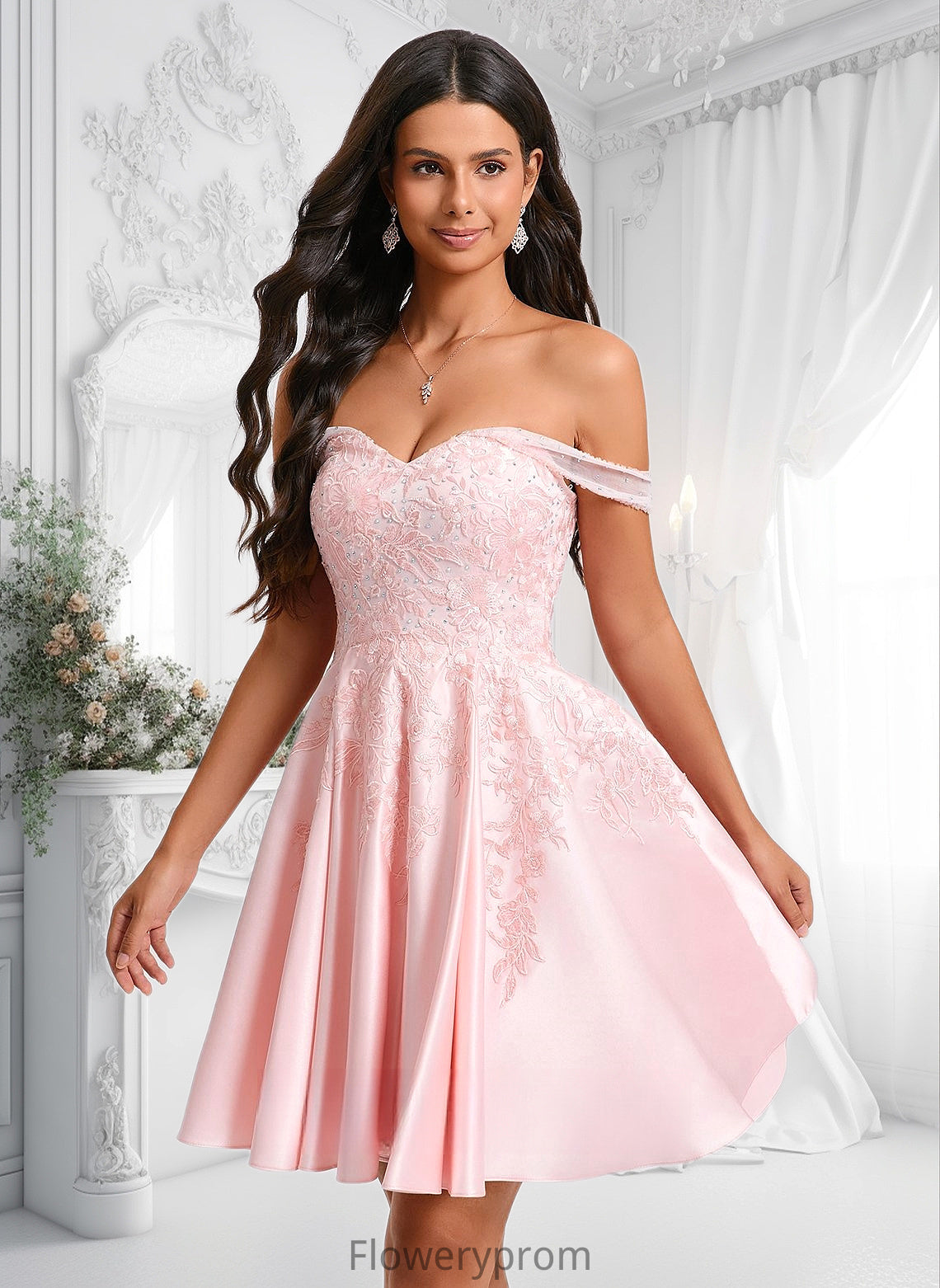 Desirae A-line Off the Shoulder Short Satin Homecoming Dress With Rhinestone Beading Appliques Lace HDP0025679