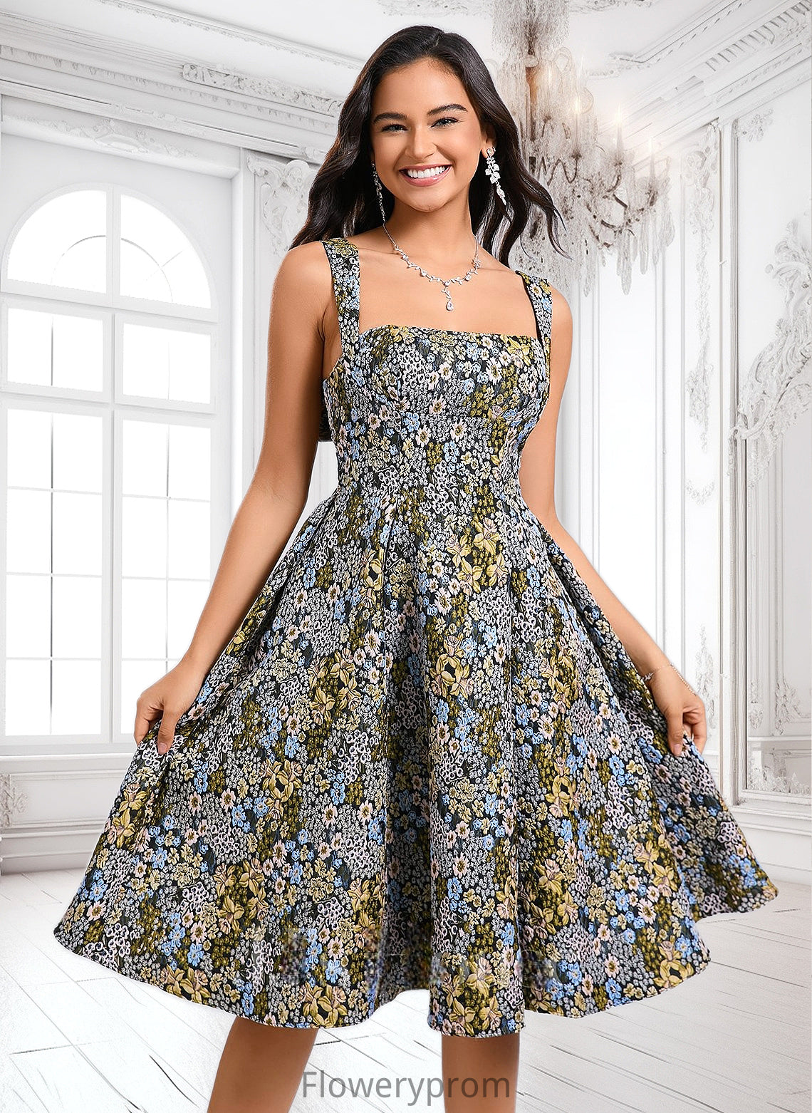 Litzy A-line Square Knee-Length Jacquard Homecoming Dress With Bow HDP0025687