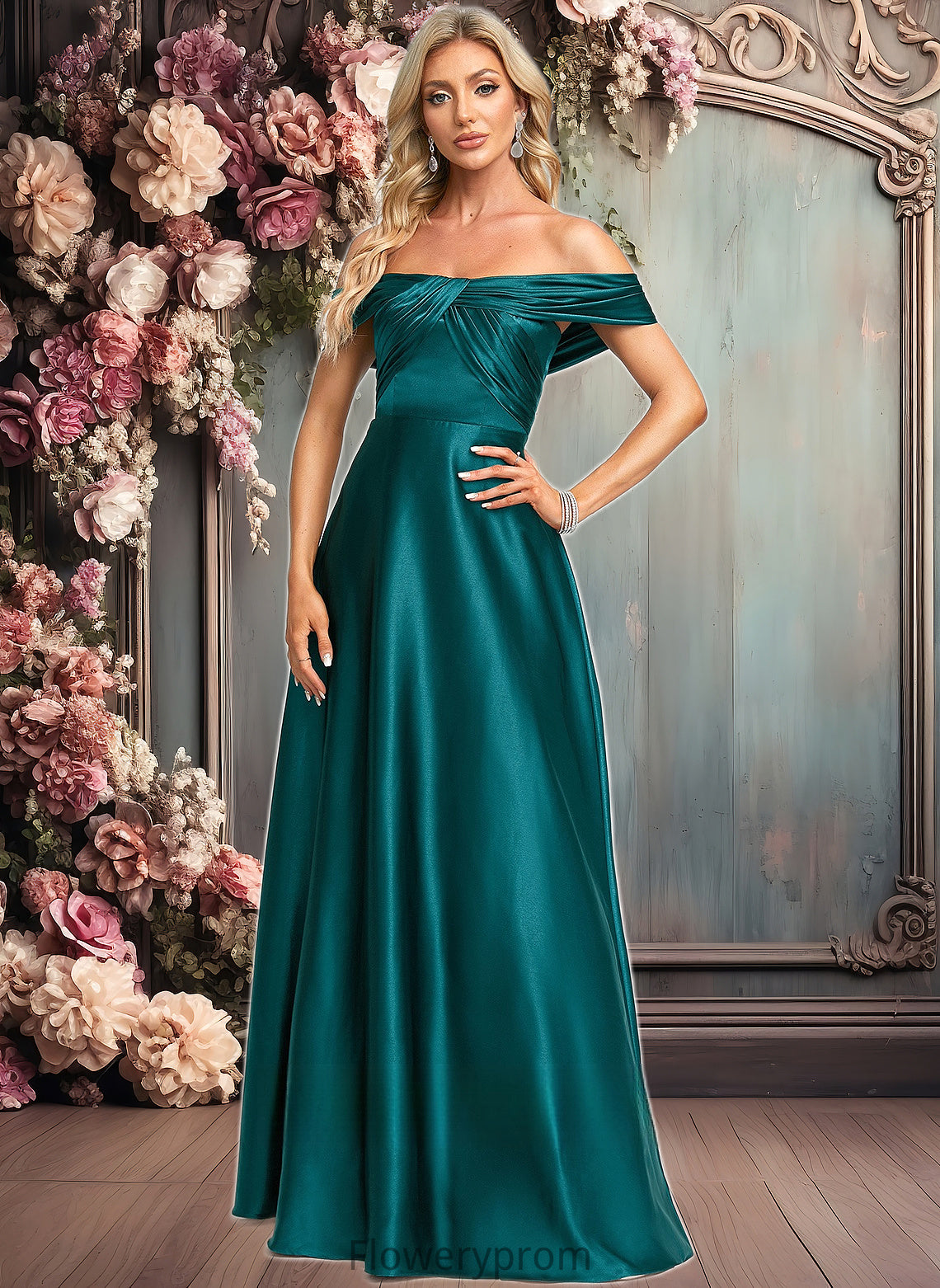 Julie A-line Off the Shoulder Floor-Length Stretch Satin Prom Dresses HDP0025879