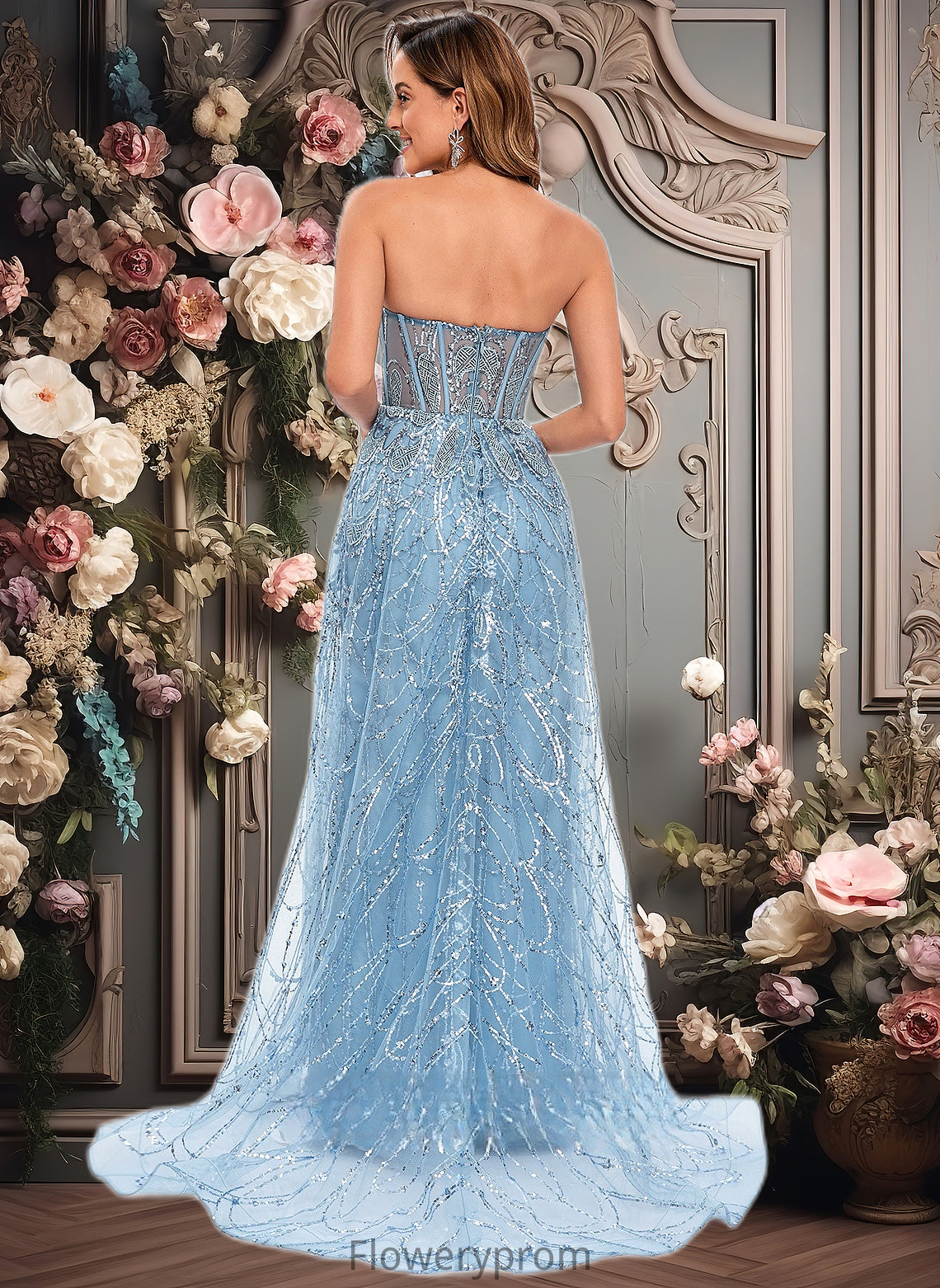 Kendal Sheath/Column Sweetheart Sweep Train Sequin Tulle Prom Dresses With Sequins HDP0025860