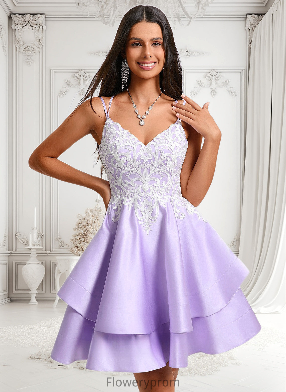 Jocelyn A-line V-Neck Short Satin Homecoming Dress With Appliques Lace HDP0025696