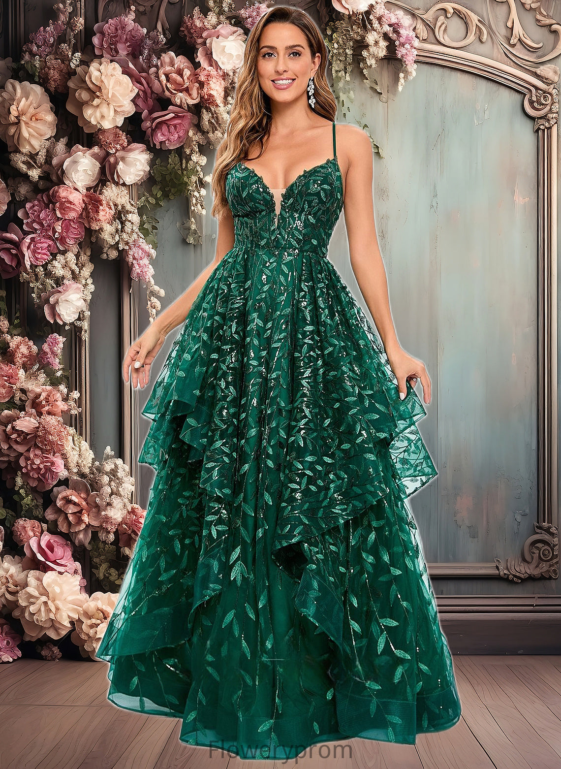 Whitney Ball-Gown/Princess V-Neck Floor-Length Lace Floral Prom Dresses With Sequins HDP0025838