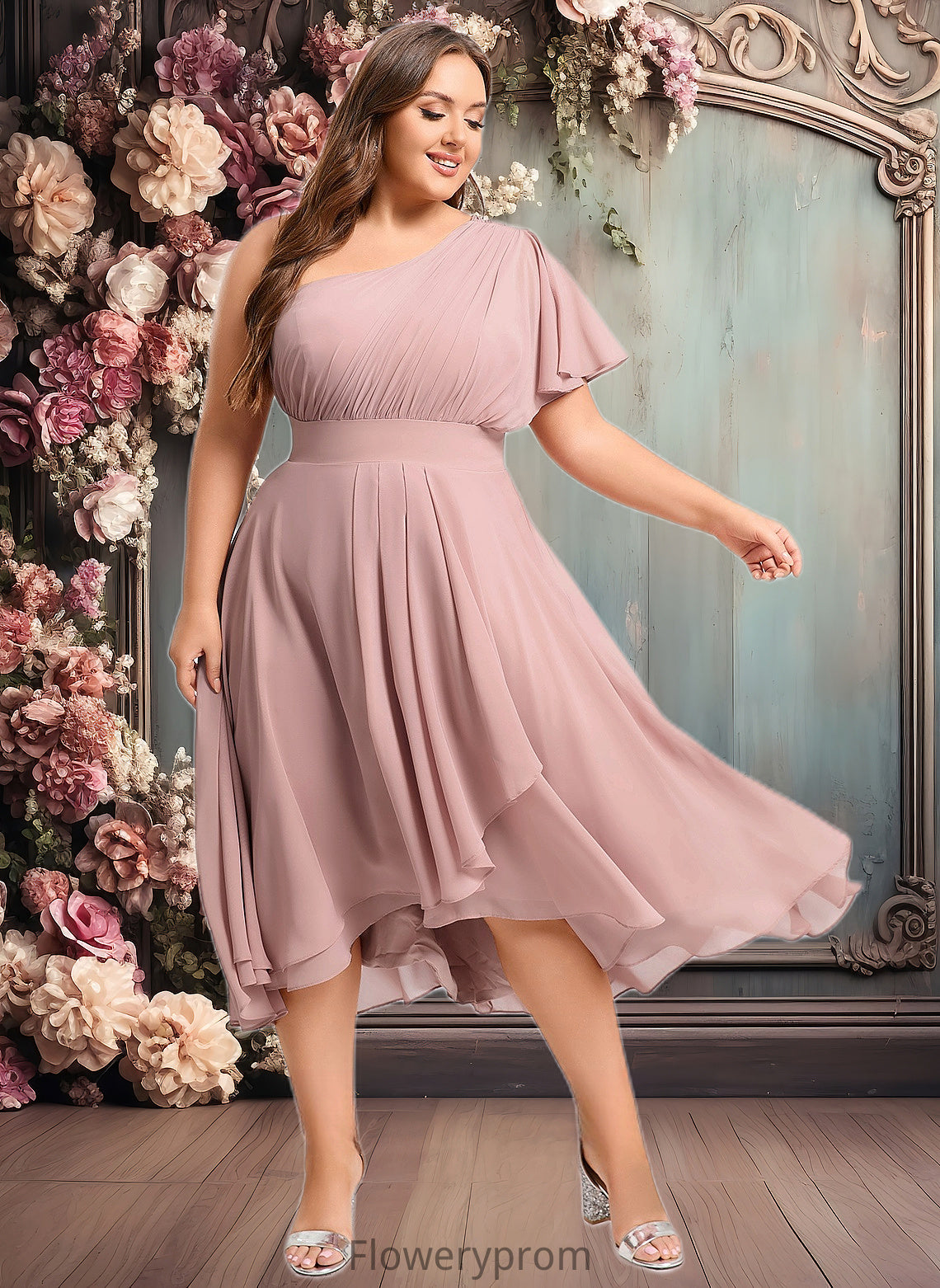 Helena A-line One Shoulder Asymmetrical Chiffon Bridesmaid Dress With Ruffle HDP0025819