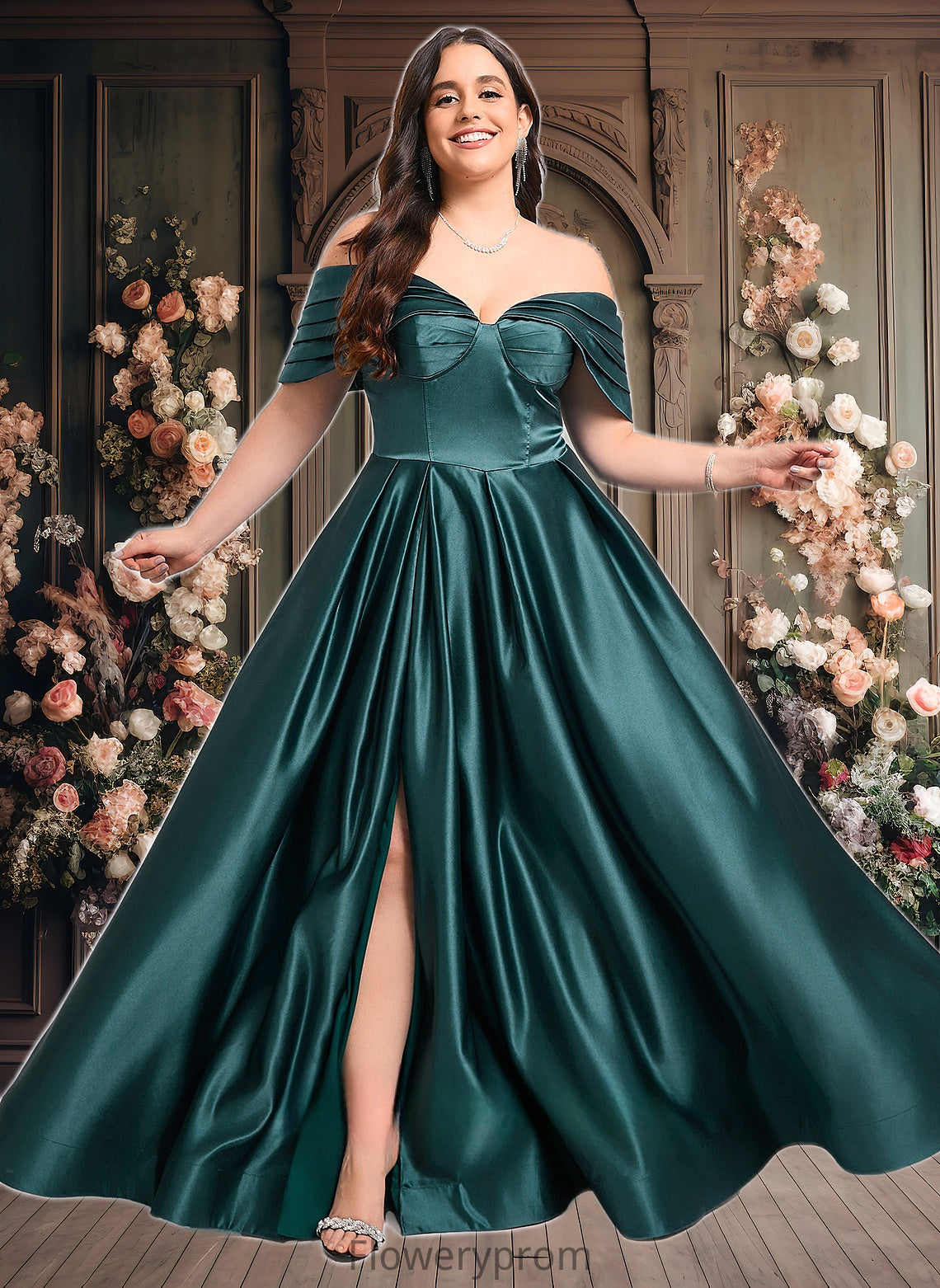 Dahlia A-line Off the Shoulder Floor-Length Satin Prom Dresses With Pleated HDP0025851