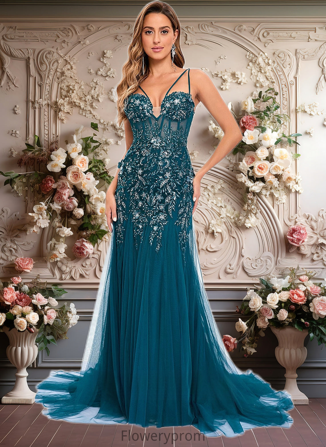 Alisa Trumpet/Mermaid V-Neck Sweep Train Tulle Prom Dresses With Sequins Appliques Lace HDP0025853