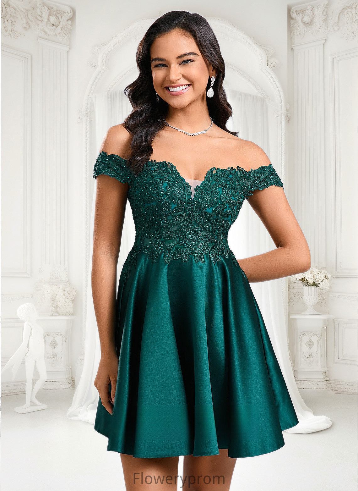 Briley A-line Off the Shoulder Short Lace Satin Homecoming Dress With Rhinestone HDP0025718