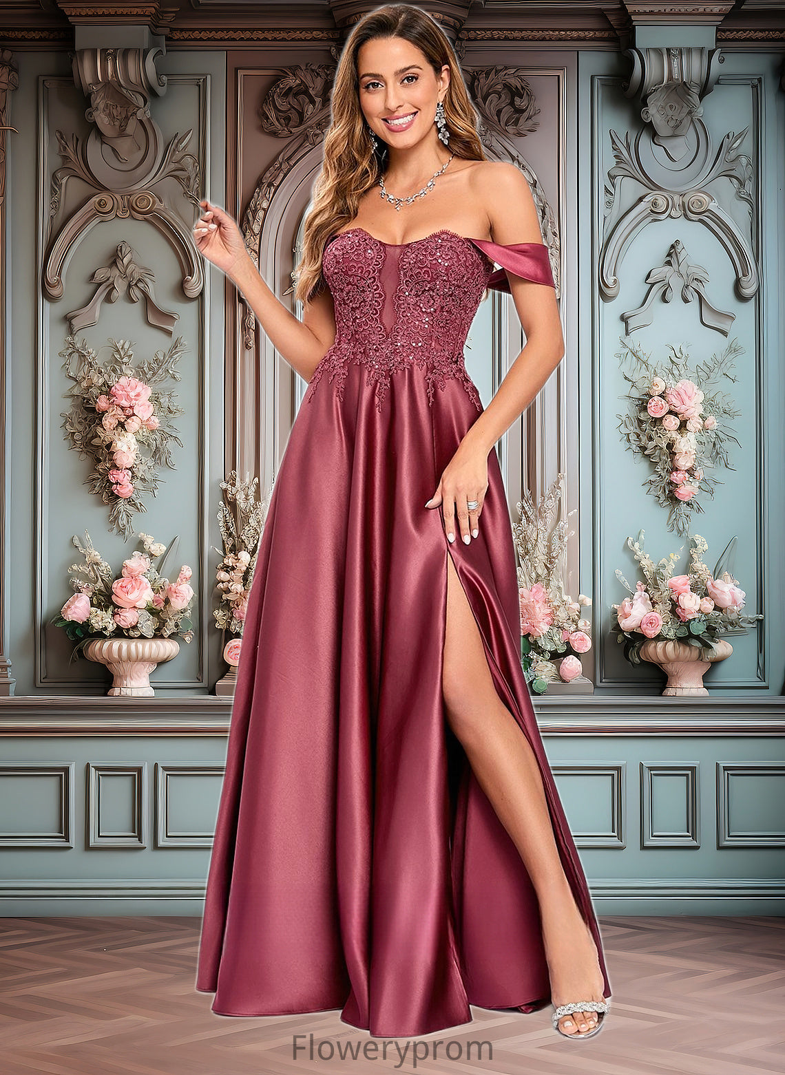 Dana A-line Off the Shoulder Floor-Length Satin Lace Prom Dresses With Sequins HDP0025841