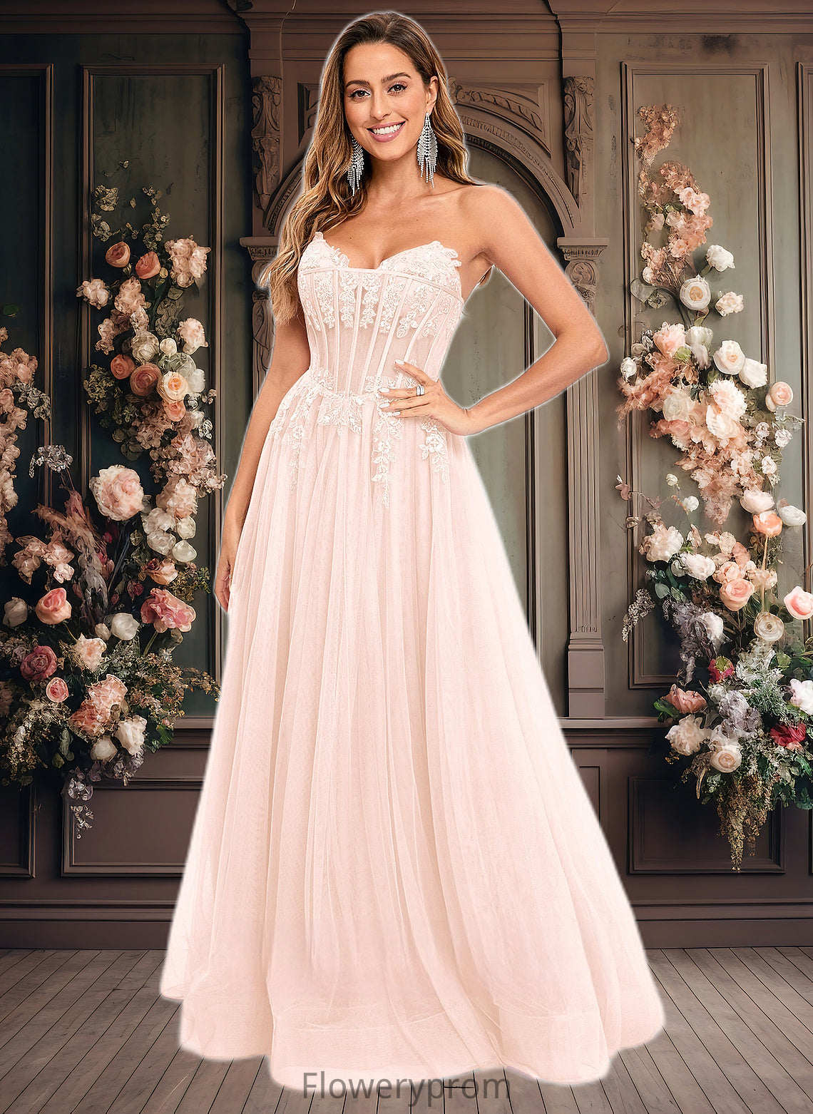 Elliana Ball-Gown/Princess V-Neck Floor-Length Tulle Prom Dresses With Sequins Appliques Lace HDP0025837