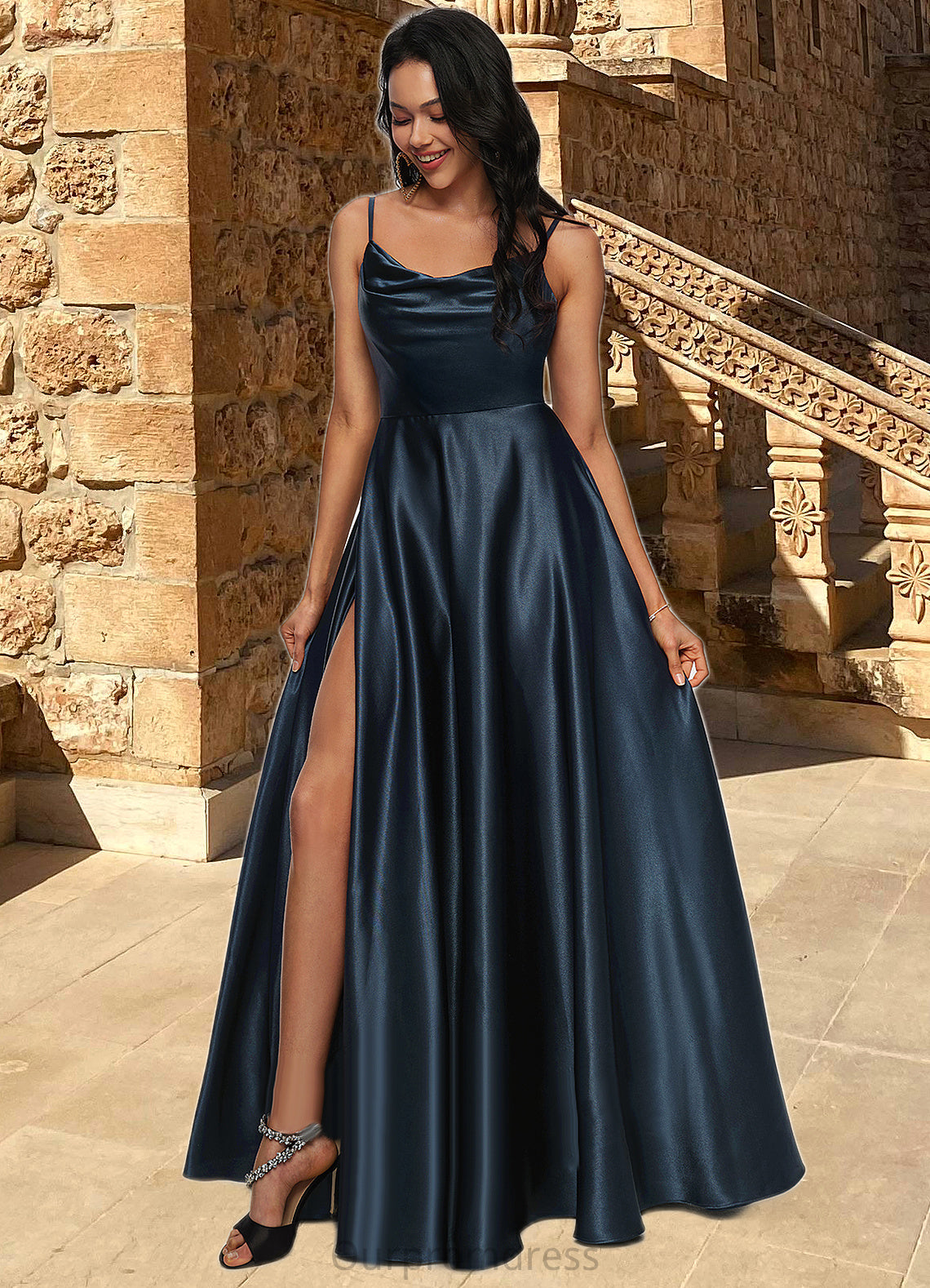 London A-line Cowl Floor-Length Stretch Satin Prom Dresses HDP0022216