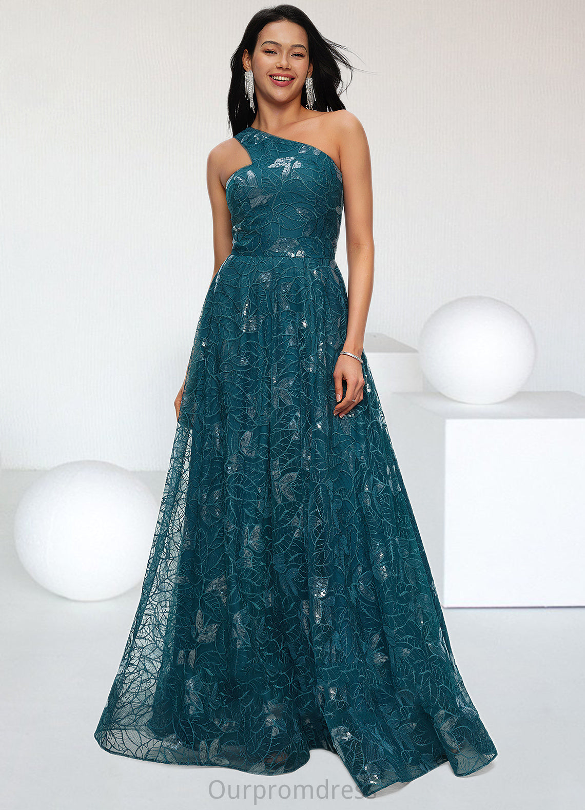 Ina A-line Asymmetrical Floor-Length Lace Prom Dresses With Sequins HDP0022219