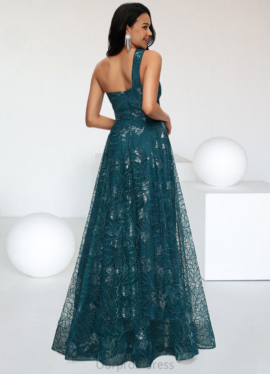 Ina A-line Asymmetrical Floor-Length Lace Prom Dresses With Sequins HDP0022219