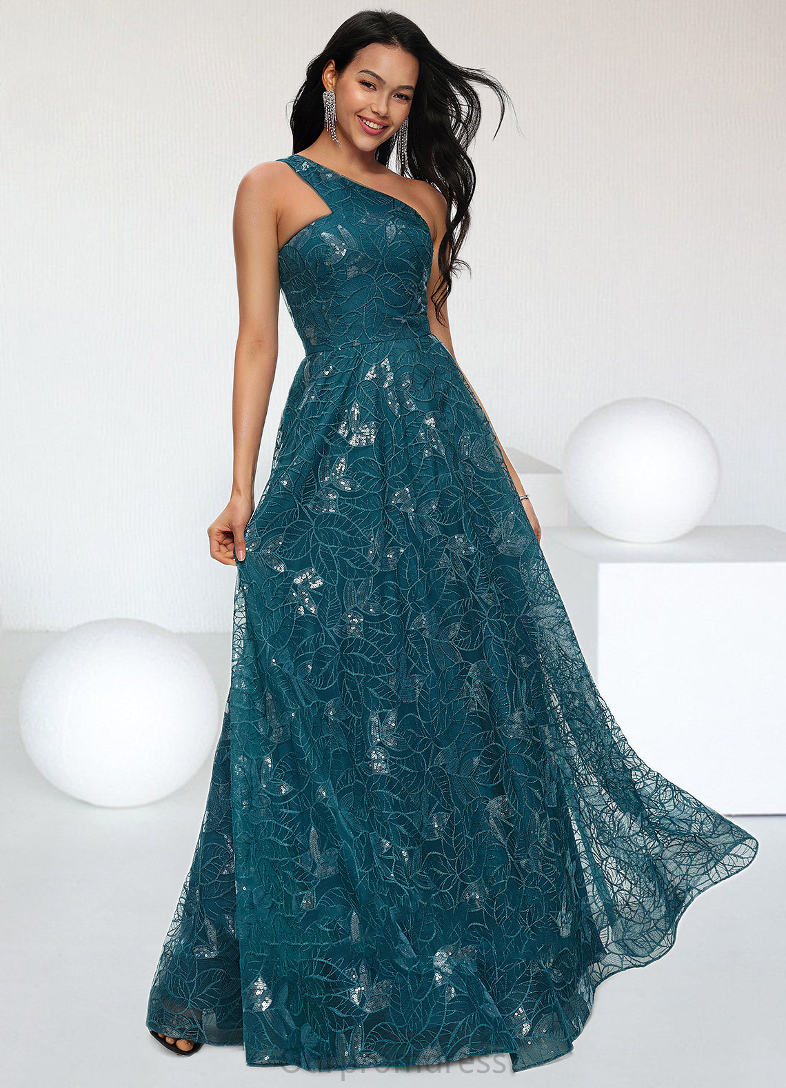 Ina A-line Asymmetrical Floor-Length Lace Prom Dresses With Sequins HDP0022219