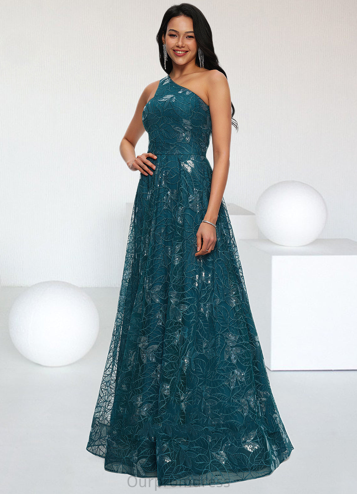 Ina A-line Asymmetrical Floor-Length Lace Prom Dresses With Sequins HDP0022219