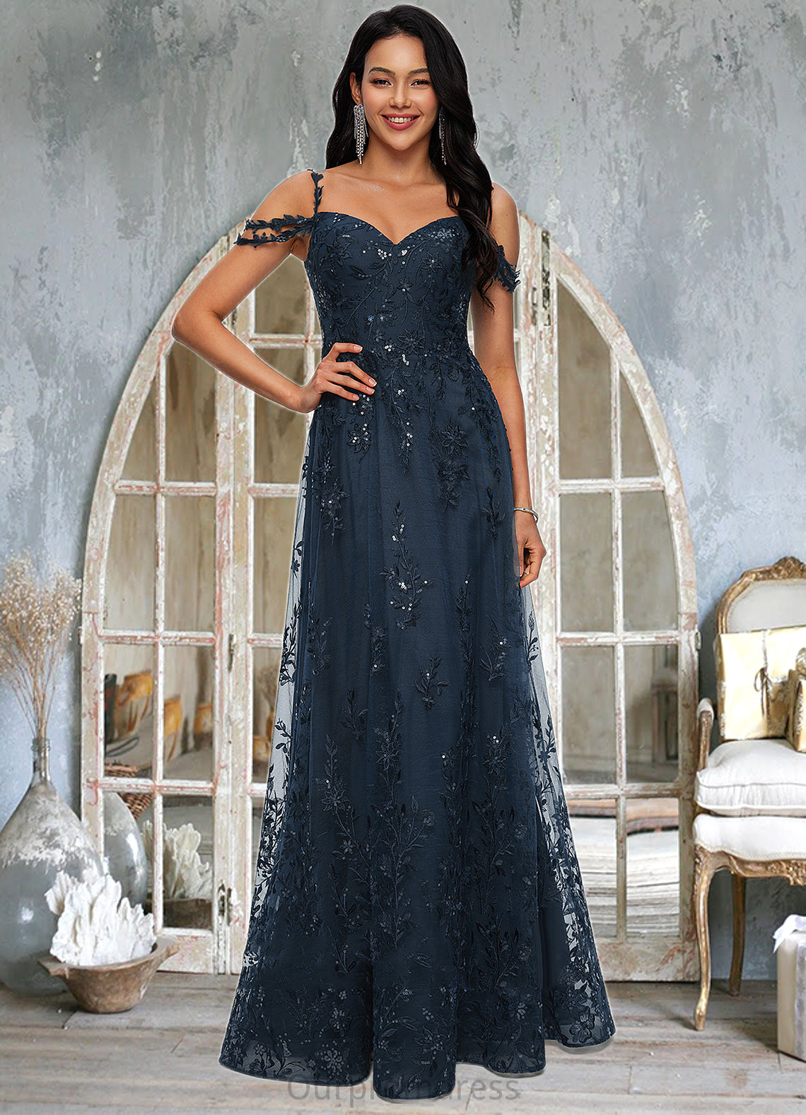 Ariel A-line V-Neck Floor-Length Lace Prom Dresses With Sequins HDP0022222