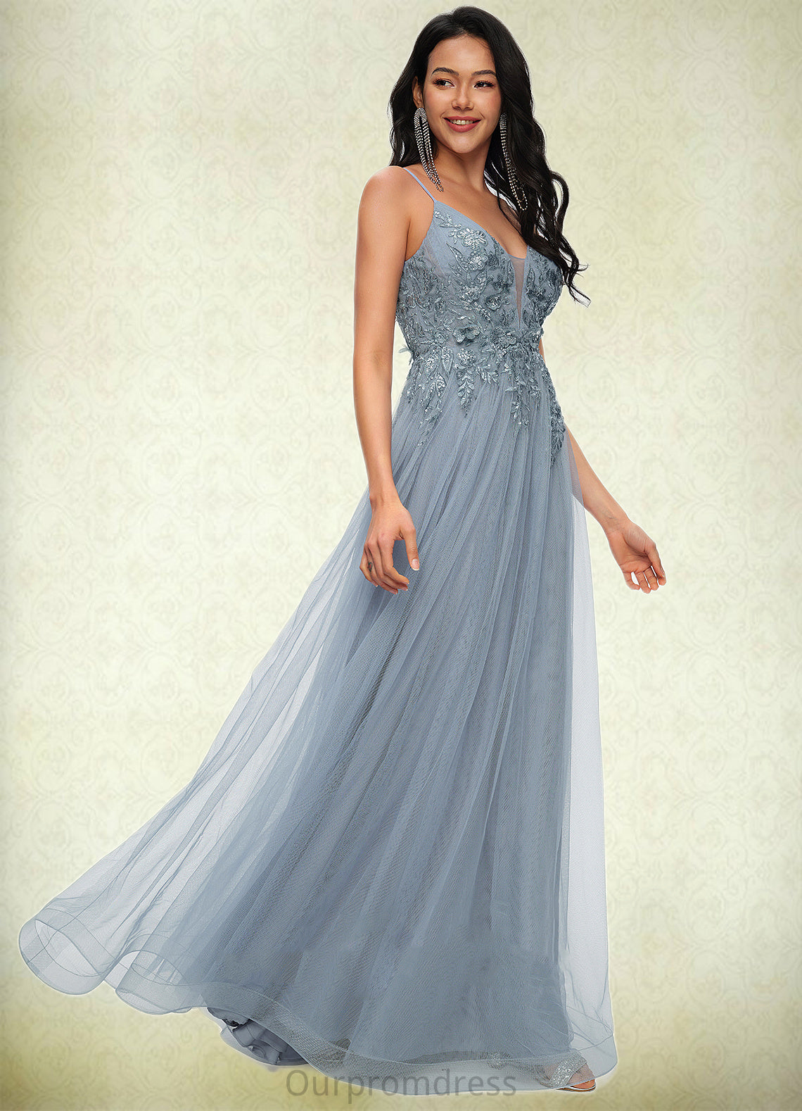 Tess A-line V-Neck Floor-Length Tulle Prom Dresses With Appliques Lace Sequins HDP0022223