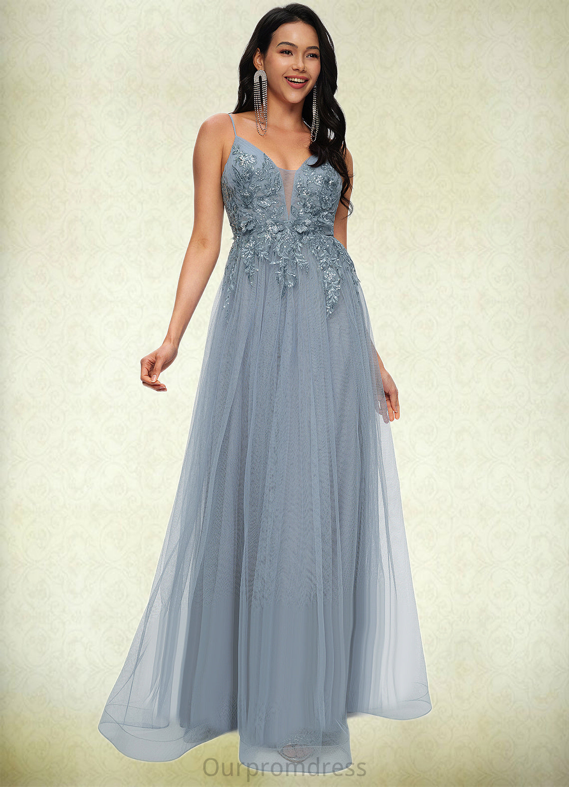 Tess A-line V-Neck Floor-Length Tulle Prom Dresses With Appliques Lace Sequins HDP0022223