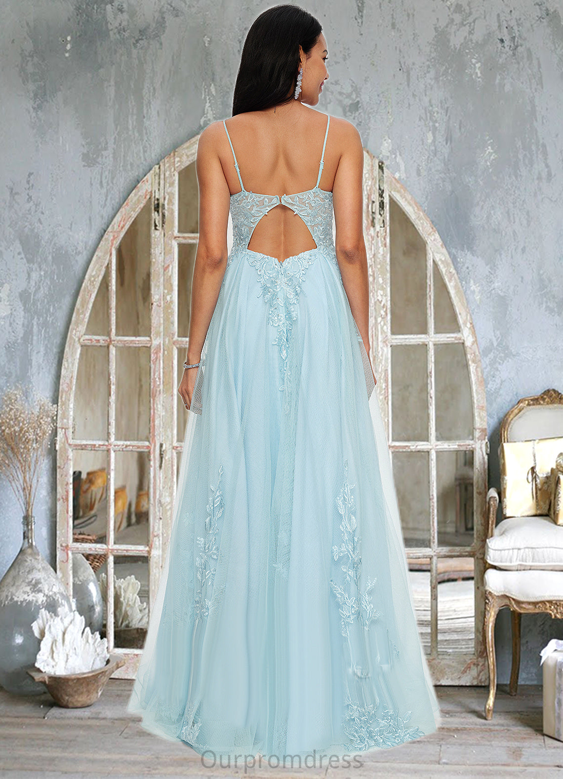 Cassandra A-line V-Neck Floor-Length Tulle Prom Dresses With Rhinestone Appliques Lace Sequins HDP0022225