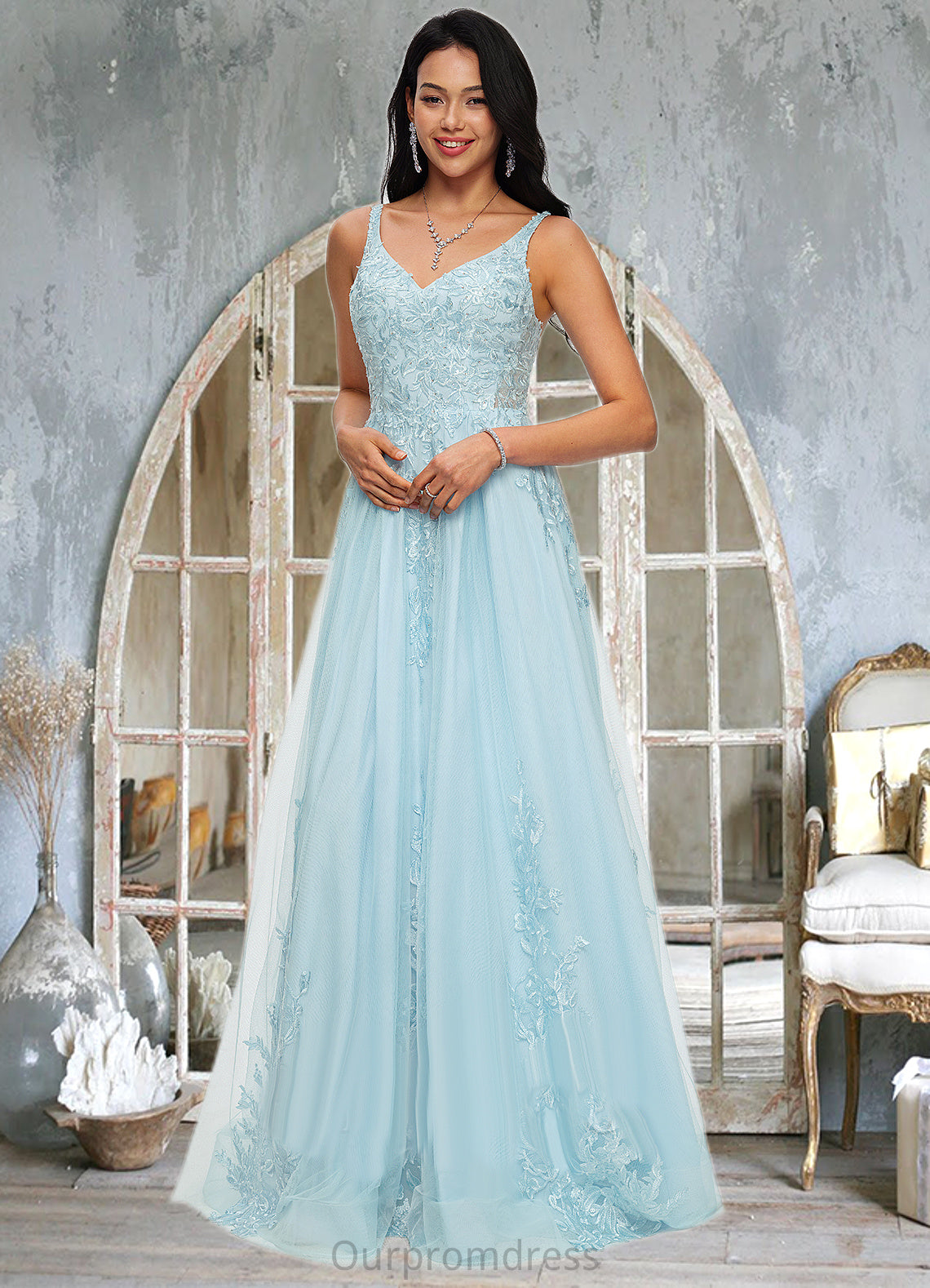 Cassandra A-line V-Neck Floor-Length Tulle Prom Dresses With Rhinestone Appliques Lace Sequins HDP0022225