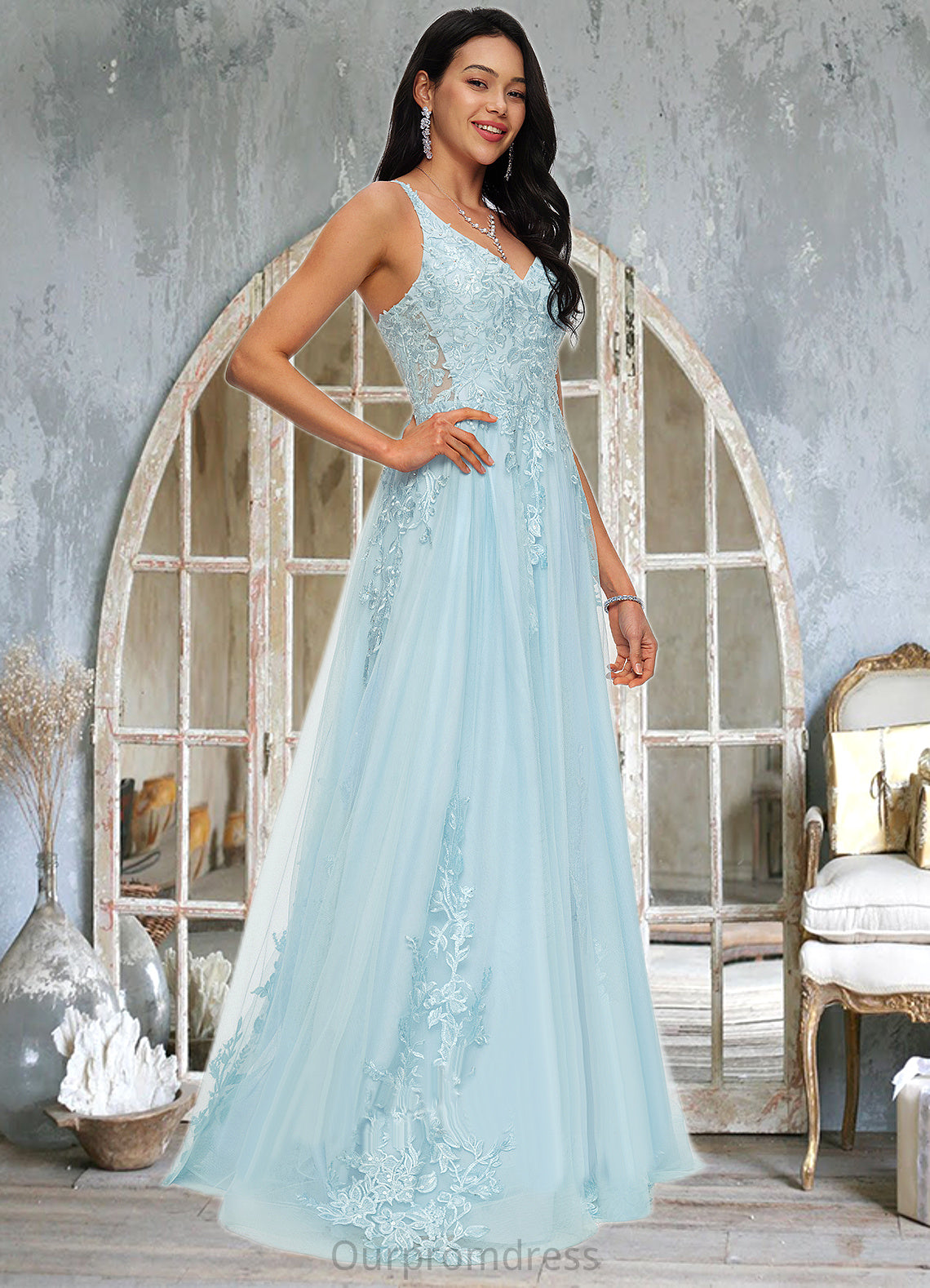 Cassandra A-line V-Neck Floor-Length Tulle Prom Dresses With Rhinestone Appliques Lace Sequins HDP0022225