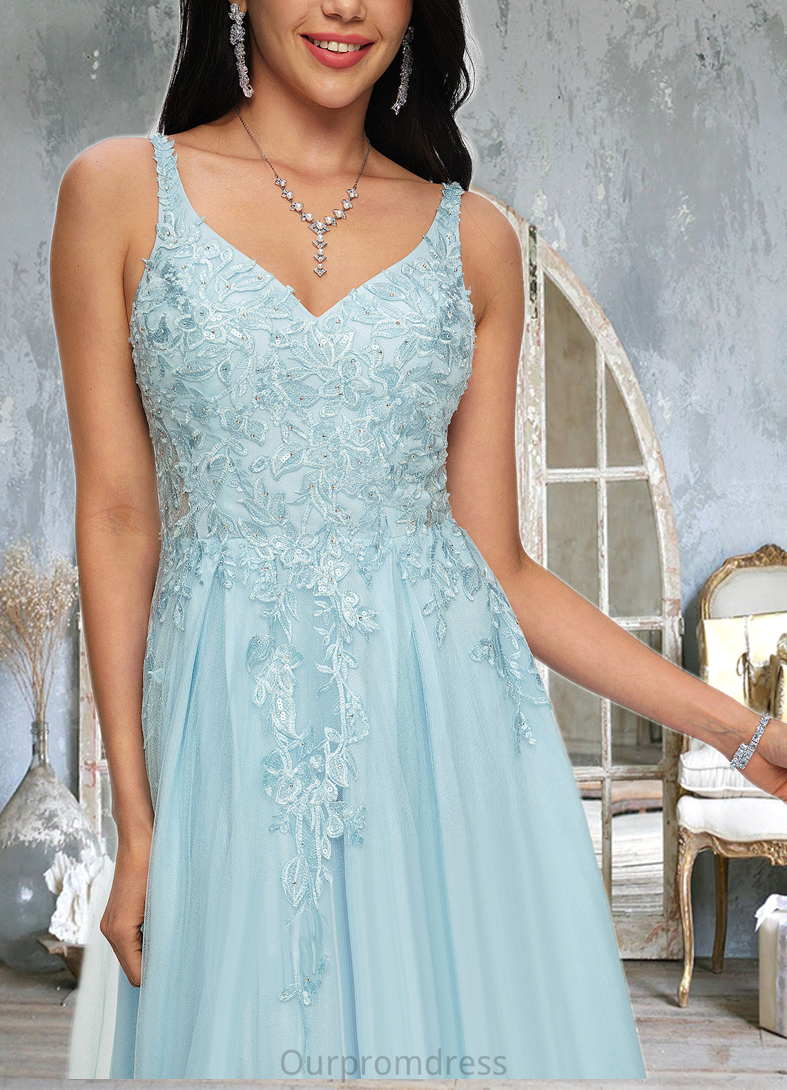 Cassandra A-line V-Neck Floor-Length Tulle Prom Dresses With Rhinestone Appliques Lace Sequins HDP0022225