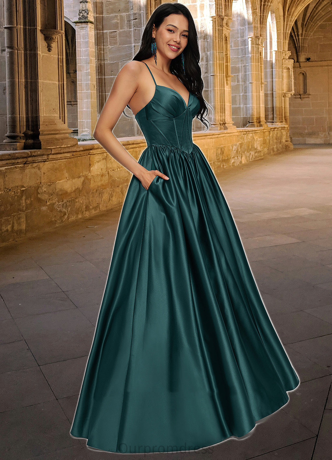 Mimi Ball-Gown/Princess V-Neck Floor-Length Satin Prom Dresses With Pleated HDP0022230