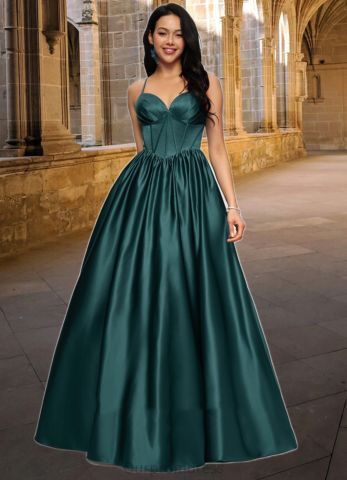 Mimi Ball-Gown/Princess V-Neck Floor-Length Satin Prom Dresses With Pleated HDP0022230