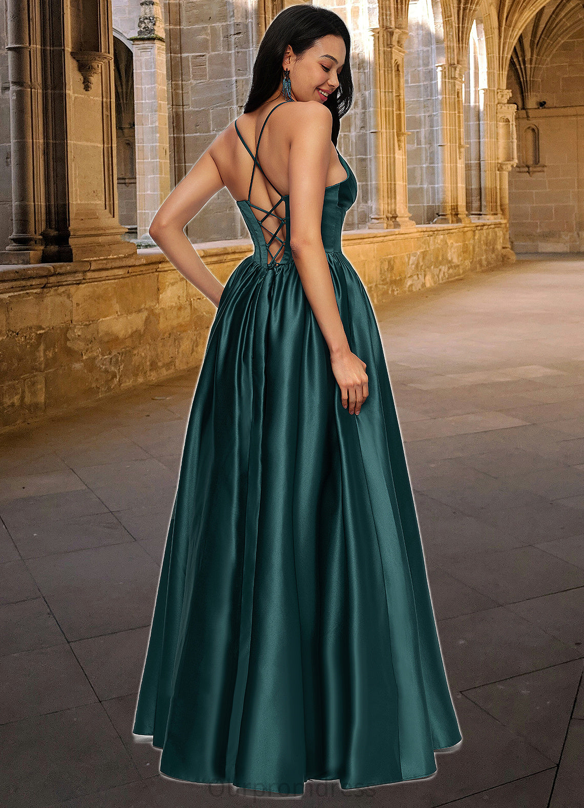 Mimi Ball-Gown/Princess V-Neck Floor-Length Satin Prom Dresses With Pleated HDP0022230