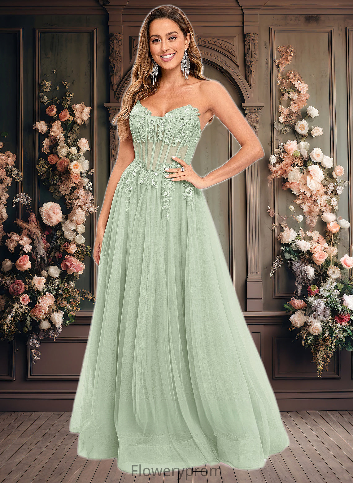 Elliana Ball-Gown/Princess V-Neck Floor-Length Tulle Prom Dresses With Sequins Appliques Lace HDP0025837