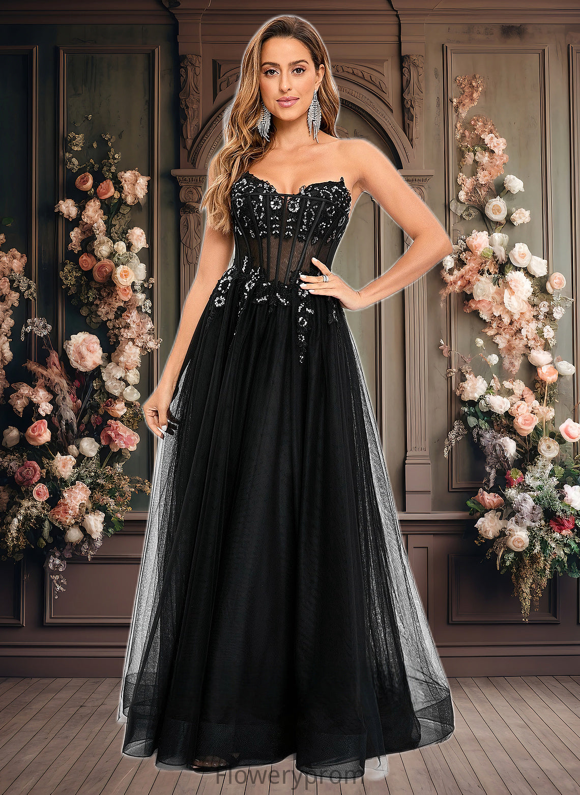 Elliana Ball-Gown/Princess V-Neck Floor-Length Tulle Prom Dresses With Sequins Appliques Lace HDP0025837