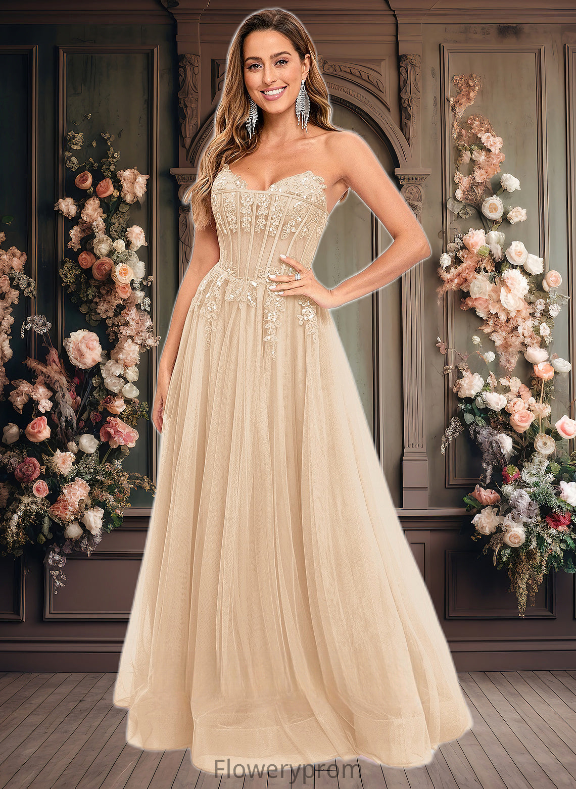 Elliana Ball-Gown/Princess V-Neck Floor-Length Tulle Prom Dresses With Sequins Appliques Lace HDP0025837