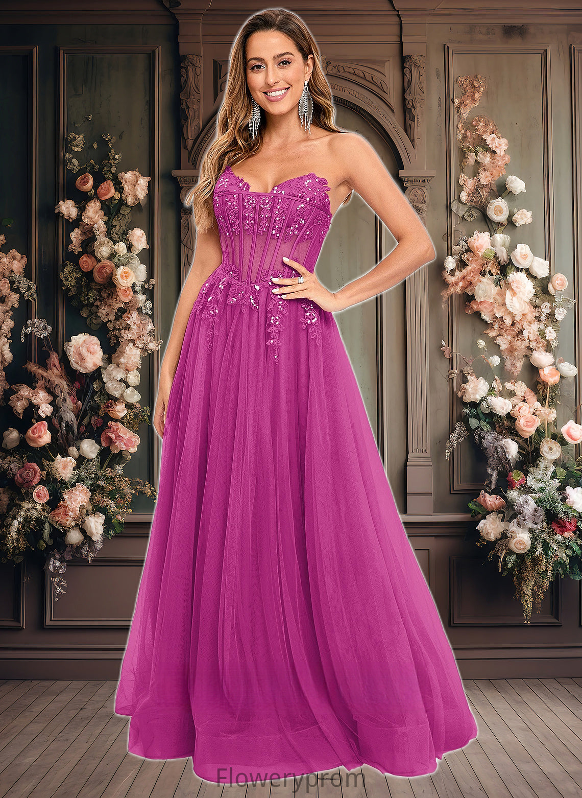 Elliana Ball-Gown/Princess V-Neck Floor-Length Tulle Prom Dresses With Sequins Appliques Lace HDP0025837