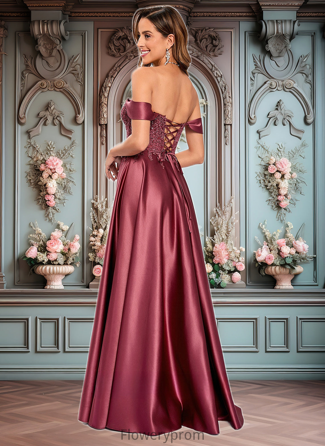 Dana A-line Off the Shoulder Floor-Length Satin Lace Prom Dresses With Sequins HDP0025841