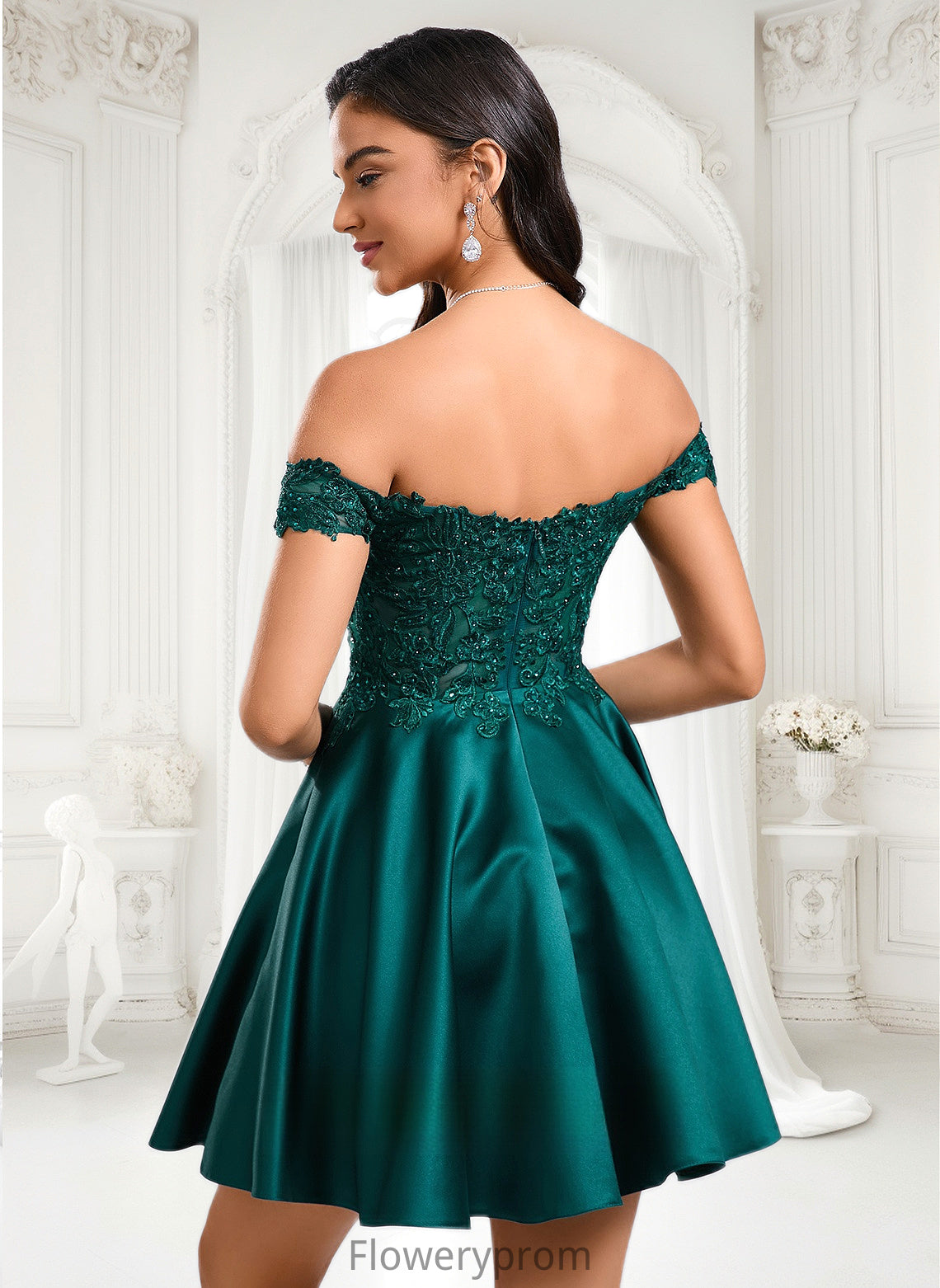 Briley A-line Off the Shoulder Short Lace Satin Homecoming Dress With Rhinestone HDP0025718