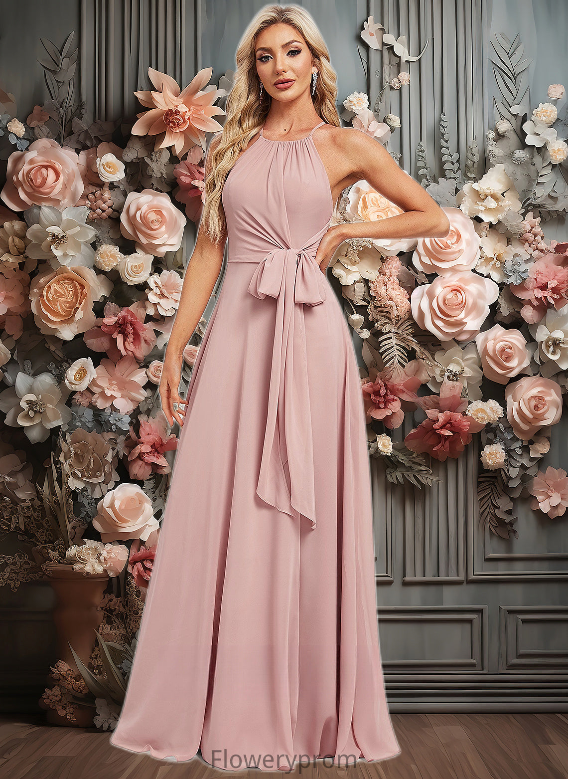 Susanna A-line Halter Floor-Length Chiffon Bridesmaid Dress HDP0025821