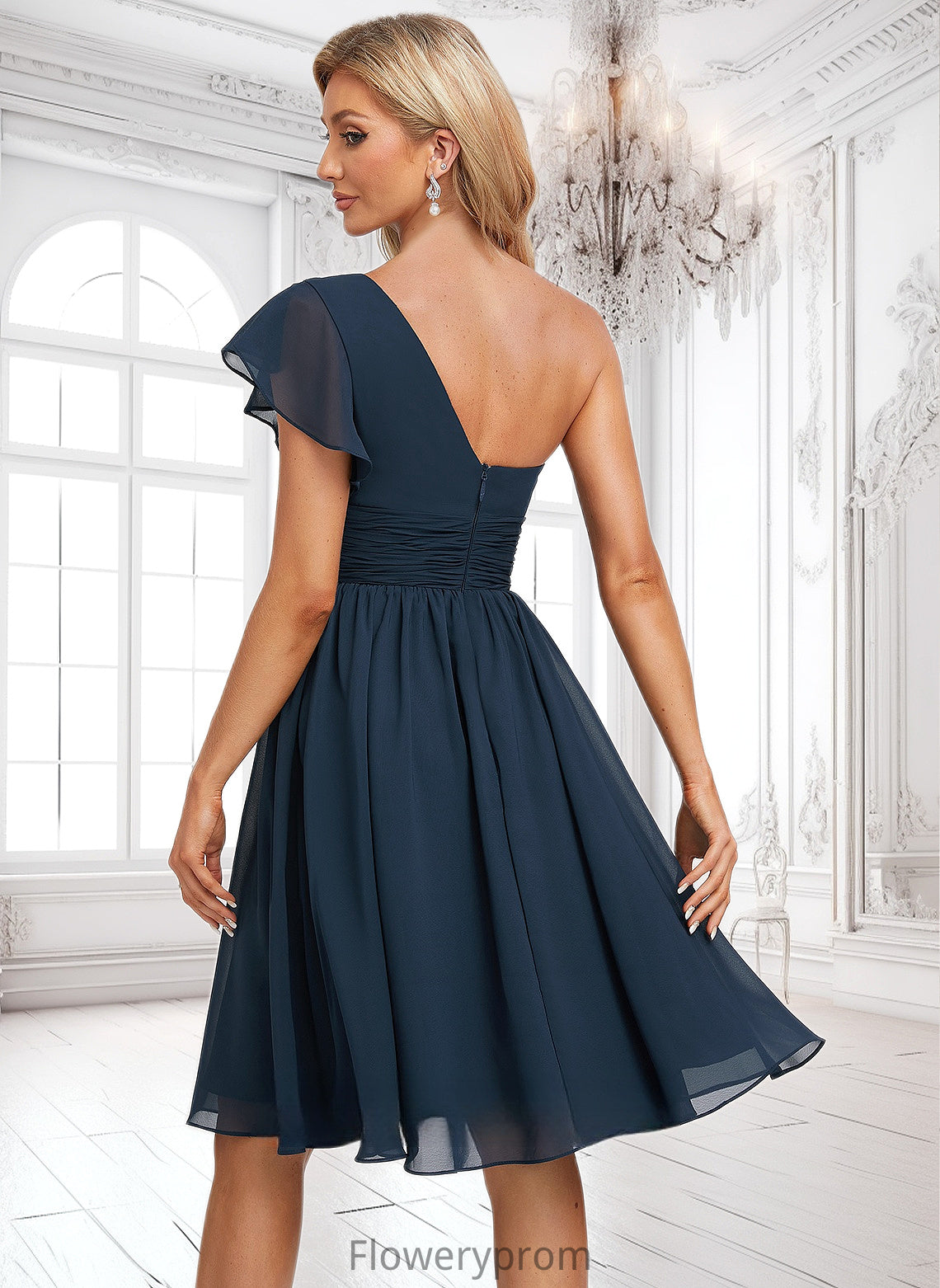 Tamara A-line One Shoulder Knee-Length Chiffon Homecoming Dress With Ruffle HDP0025722