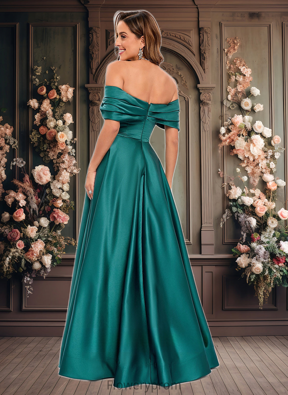 Dahlia A-line Off the Shoulder Floor-Length Satin Prom Dresses With Pleated HDP0025851