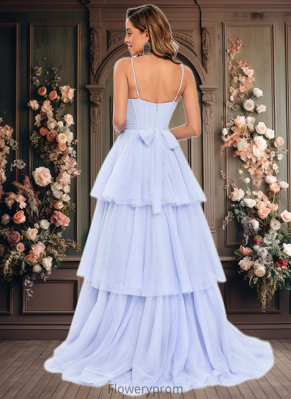 Karissa Ball-Gown/Princess Sweetheart Sweep Train Tulle Prom Dresses With Bow HDP0025843