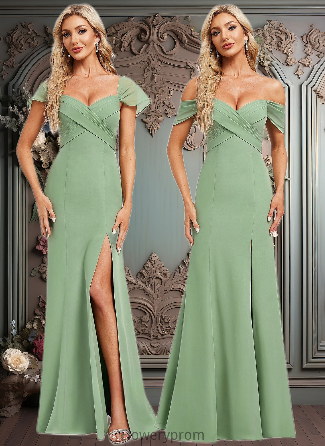 Maia Trumpet/Mermaid Off the Shoulder V-Neck Floor-Length Chiffon Bridesmaid Dress HDP0025810