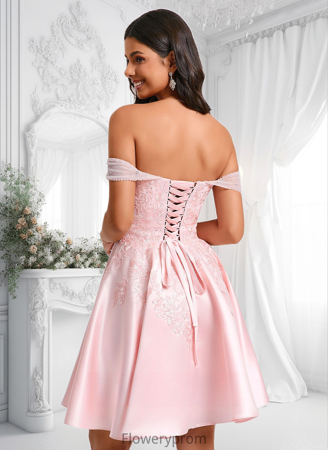 Desirae A-line Off the Shoulder Short Satin Homecoming Dress With Rhinestone Beading Appliques Lace HDP0025679