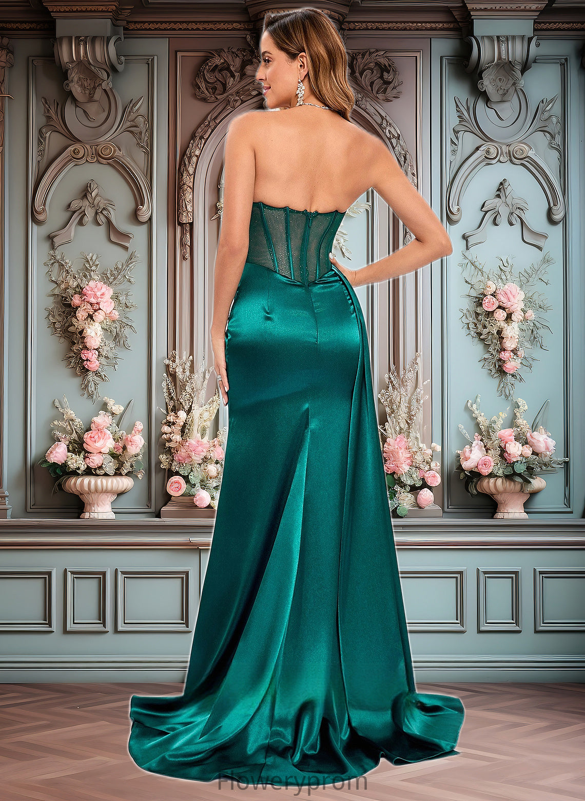 Amiyah Trumpet/Mermaid Straight Sweep Train Stretch Satin Prom Dresses With Pleated HDP0025849