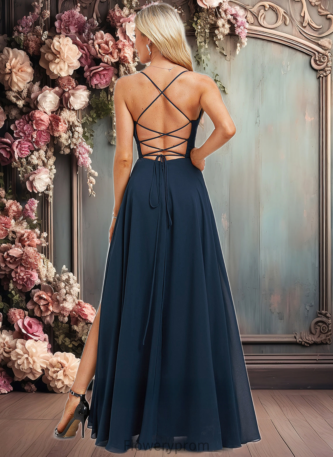 Emilie A-line V-Neck Floor-Length Chiffon Prom Dresses With Pleated HDP0025830