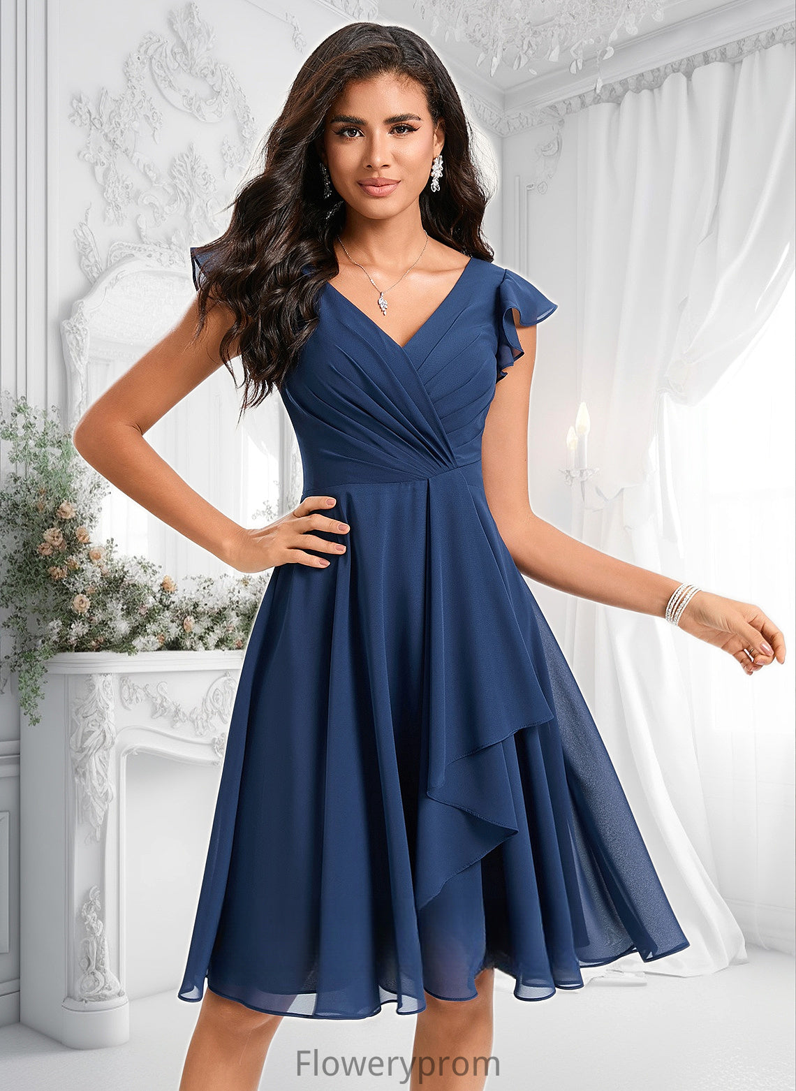 Litzy A-line V-Neck Knee-Length Chiffon Homecoming Dress With Ruffle HDP0025684