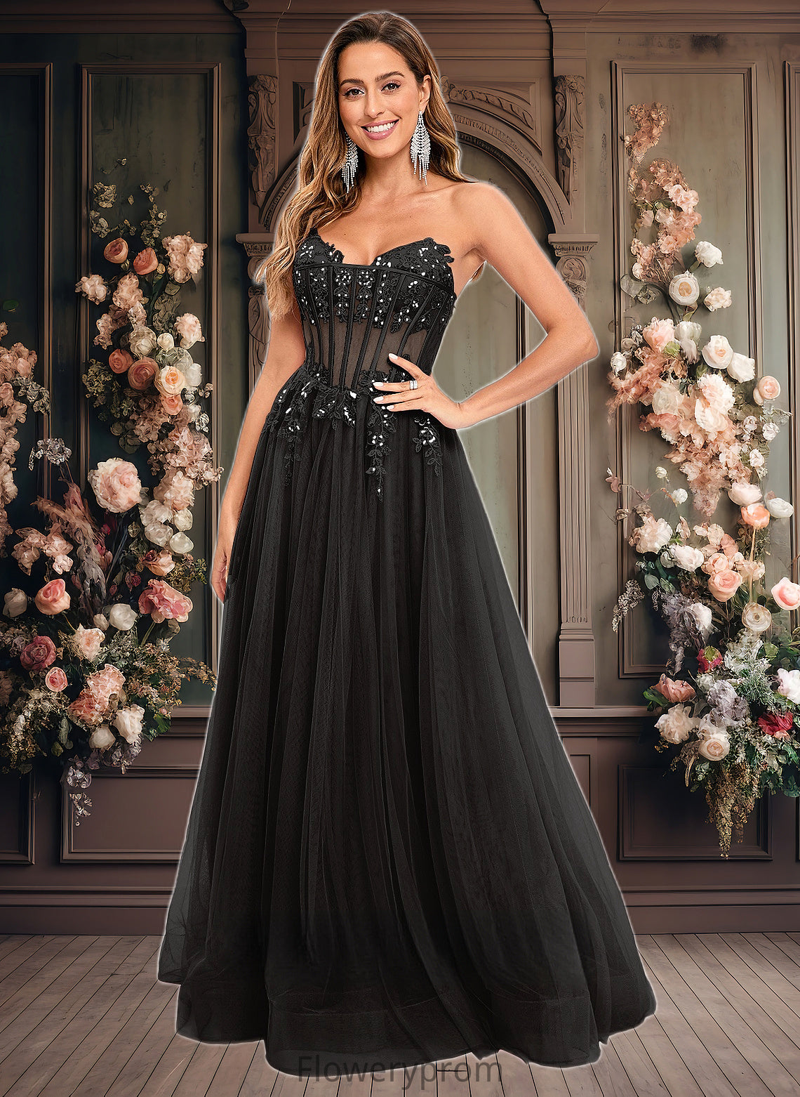 Elliana Ball-Gown/Princess V-Neck Floor-Length Tulle Prom Dresses With Sequins Appliques Lace HDP0025837