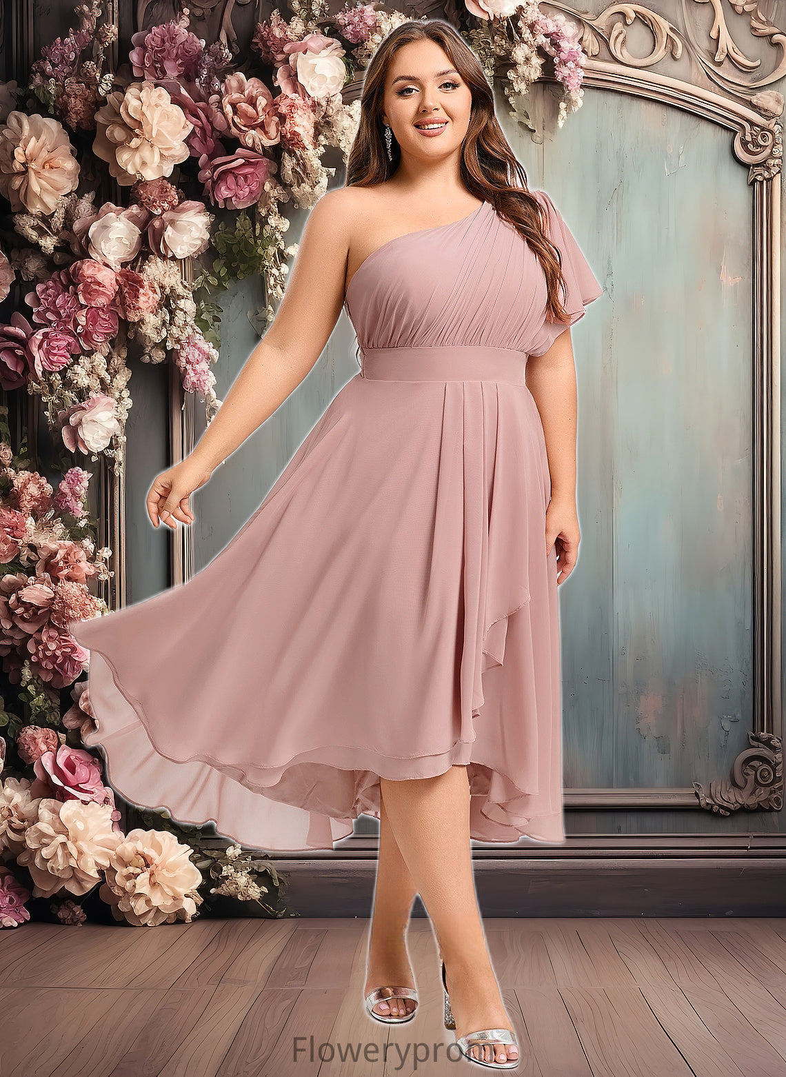 Helena A-line One Shoulder Asymmetrical Chiffon Bridesmaid Dress With Ruffle HDP0025819