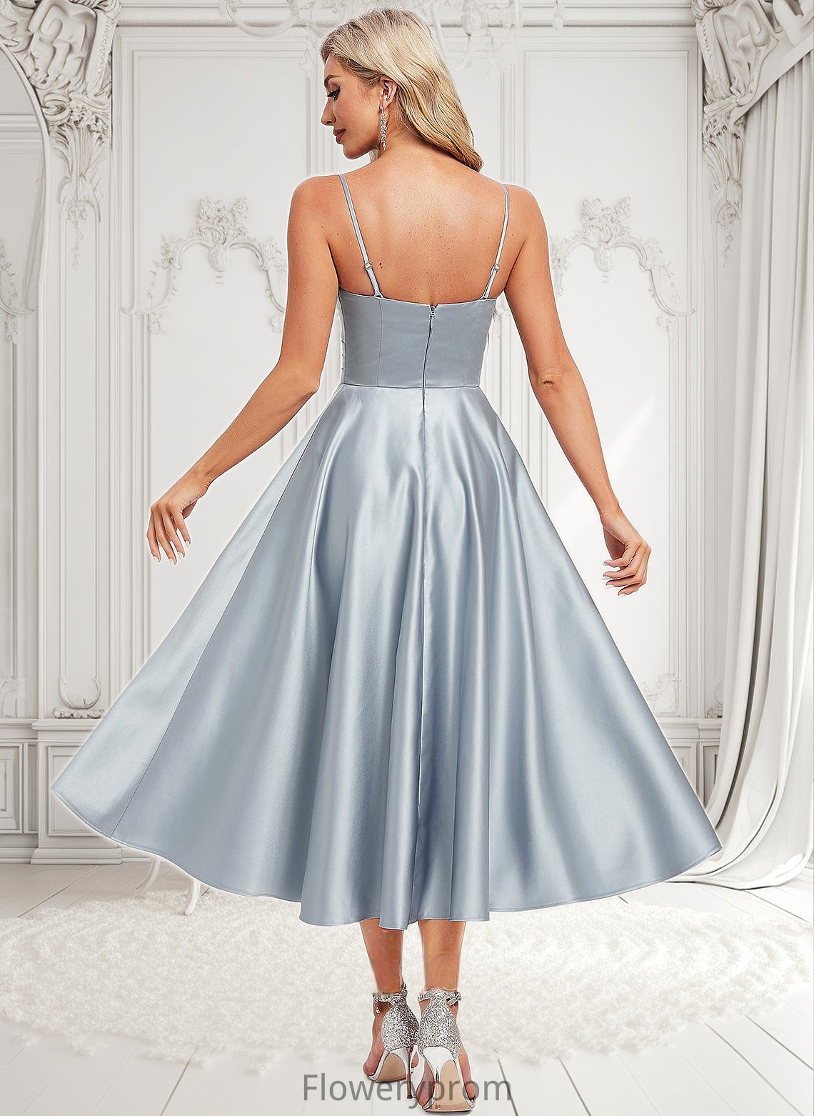 Jocelynn A-line V-Neck Tea-Length Satin Homecoming Dress HDP0025694