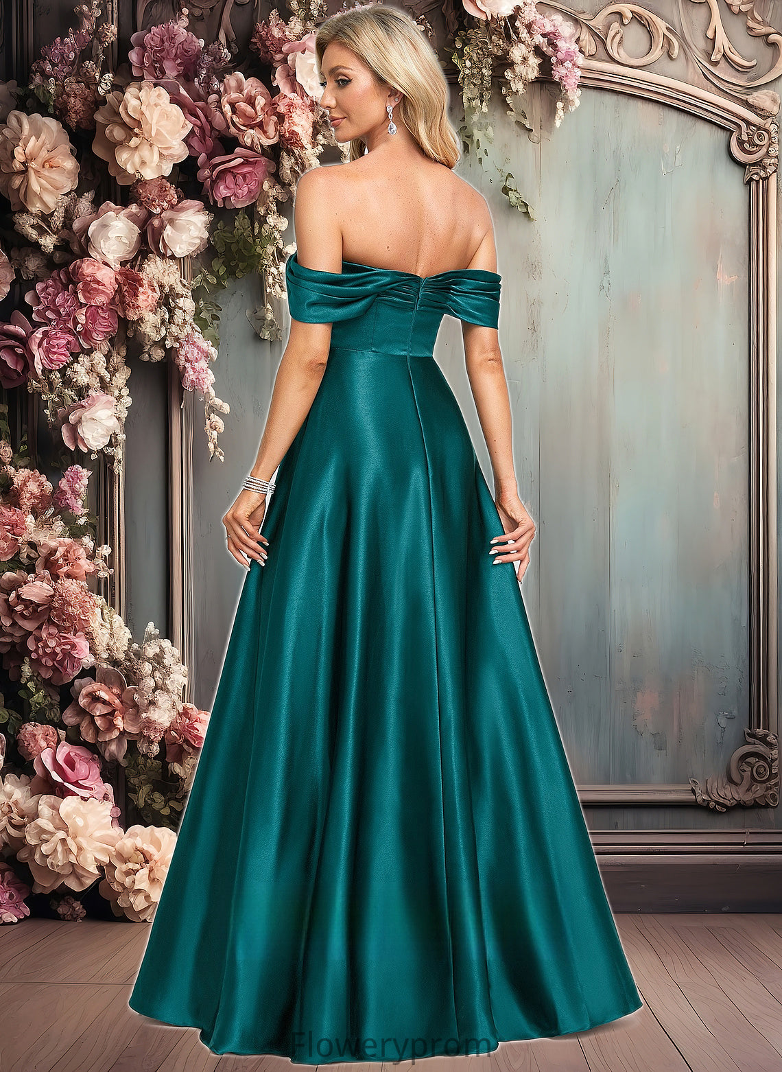 Julie A-line Off the Shoulder Floor-Length Stretch Satin Prom Dresses HDP0025879