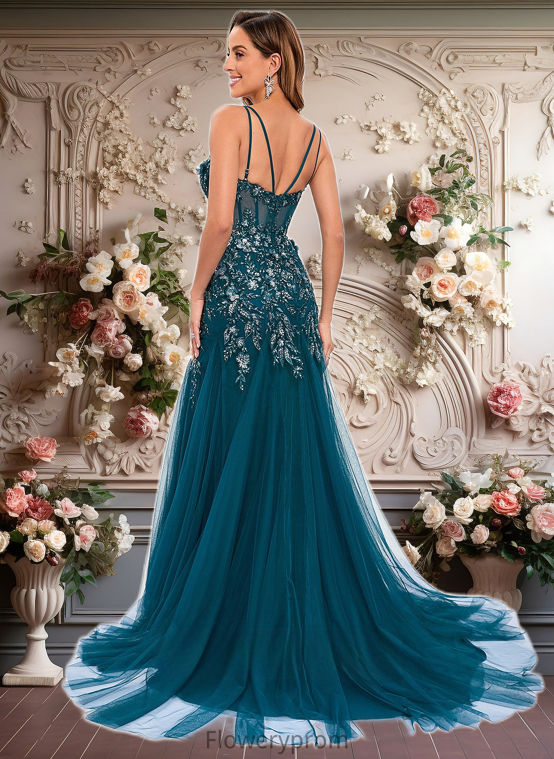 Alisa Trumpet/Mermaid V-Neck Sweep Train Tulle Prom Dresses With Sequins Appliques Lace HDP0025853