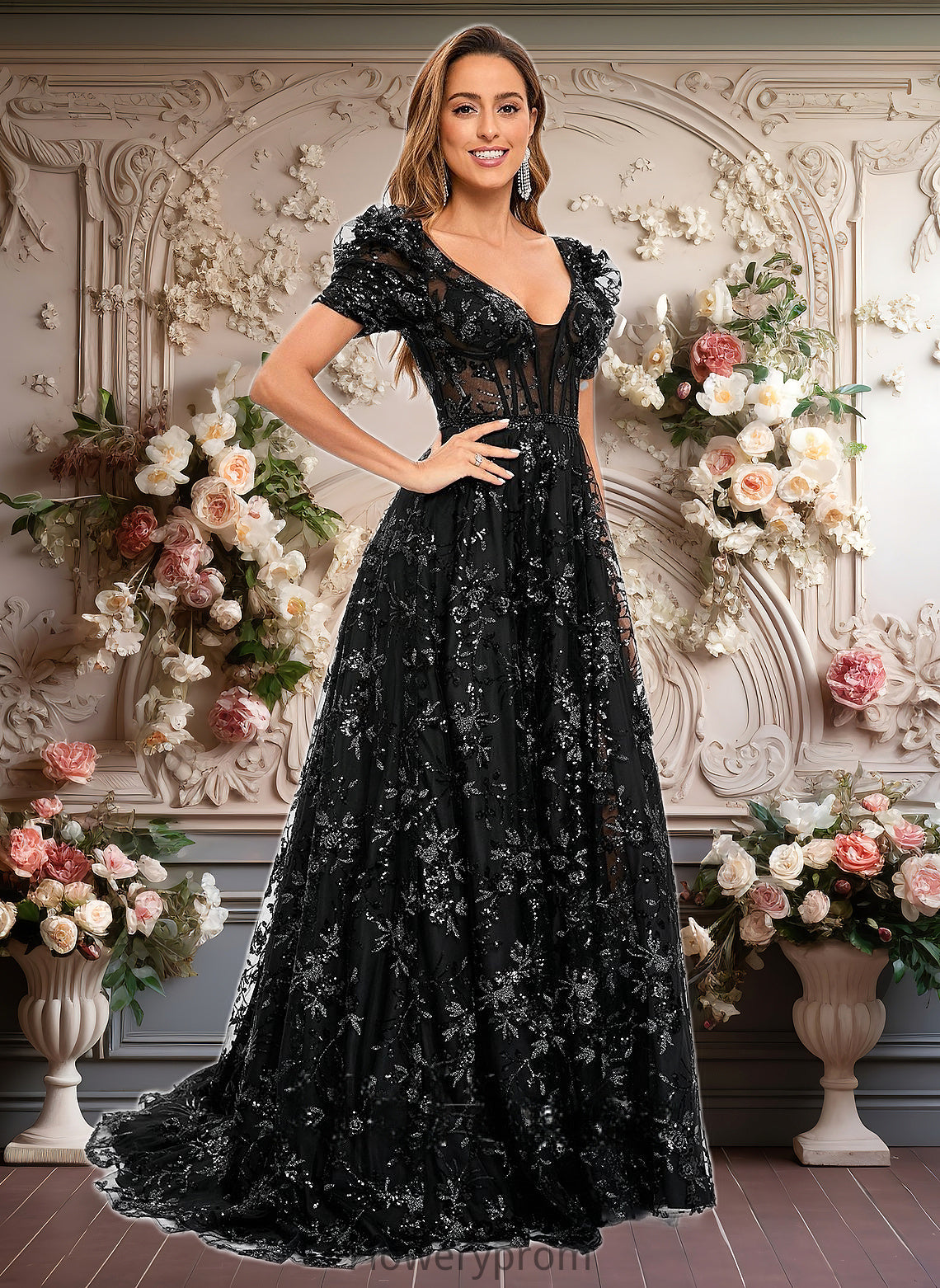 Meredith A-line V-Neck Sweep Train Floral Lace Prom Dresses With Sequins HDP0025869