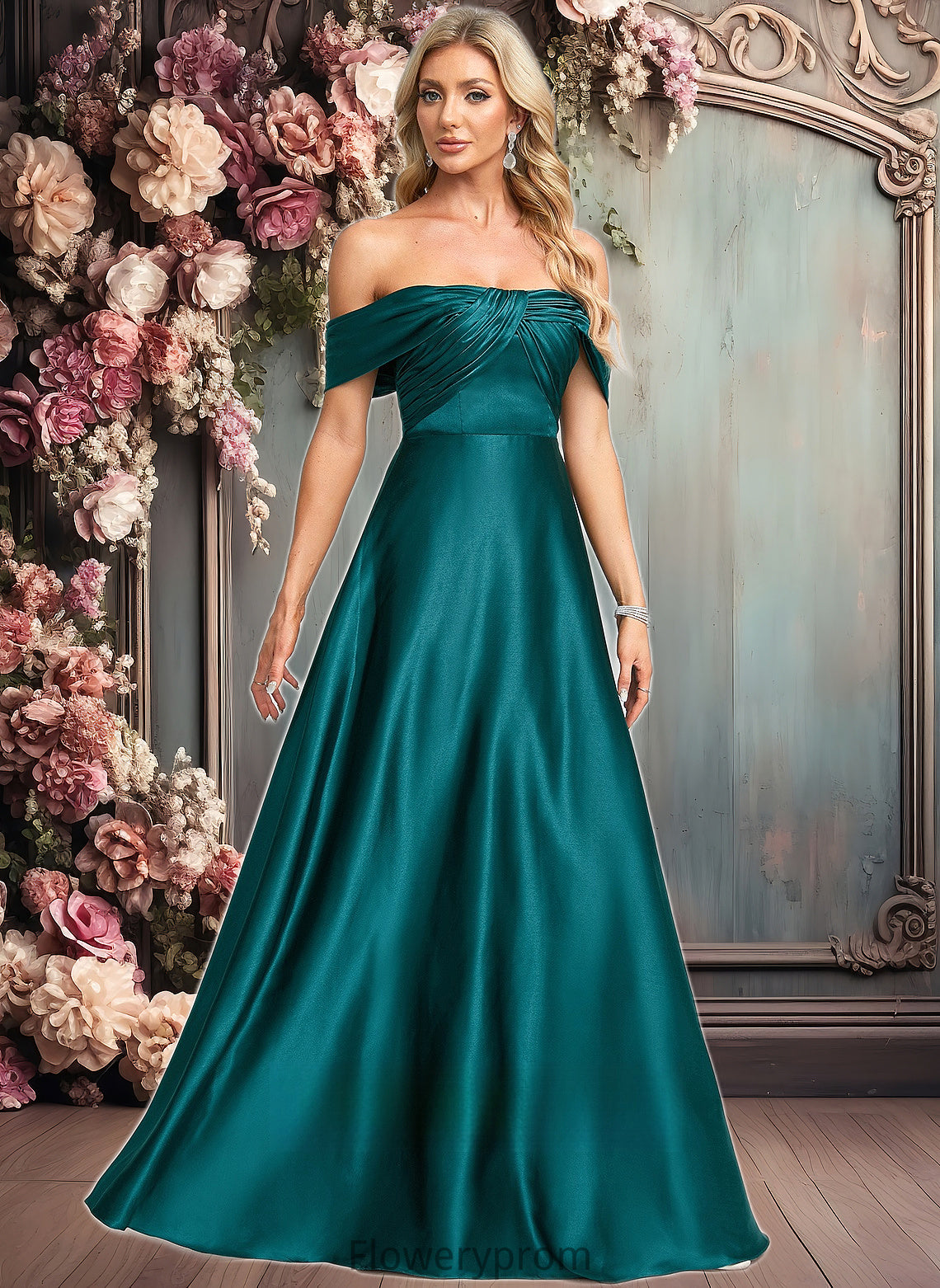 Julie A-line Off the Shoulder Floor-Length Stretch Satin Prom Dresses HDP0025879